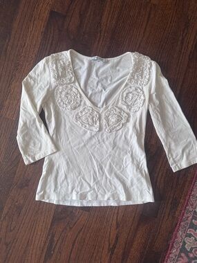 Anne Fontaine cream White Embroidered V-Neck Top